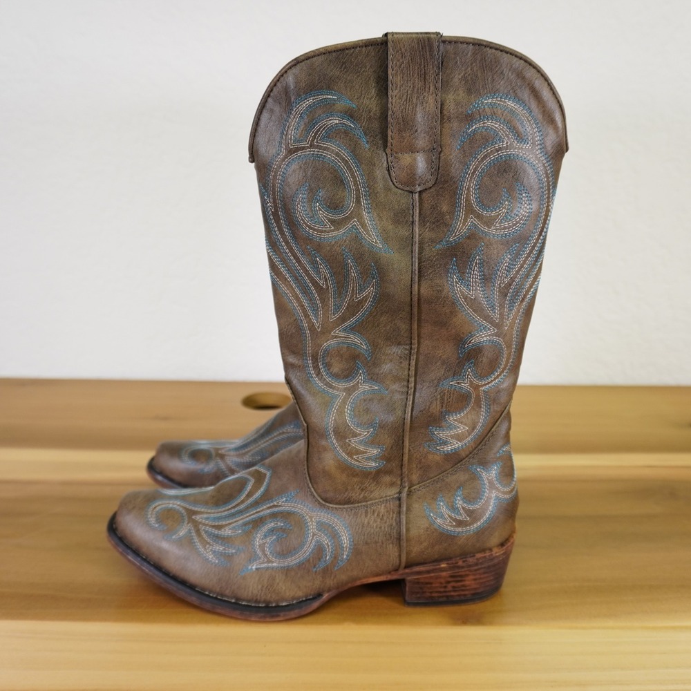 Roper Western Boots Women 10 Brown Turquoise Embroidered Snip Toe Cowboy - Picture 4 of 8